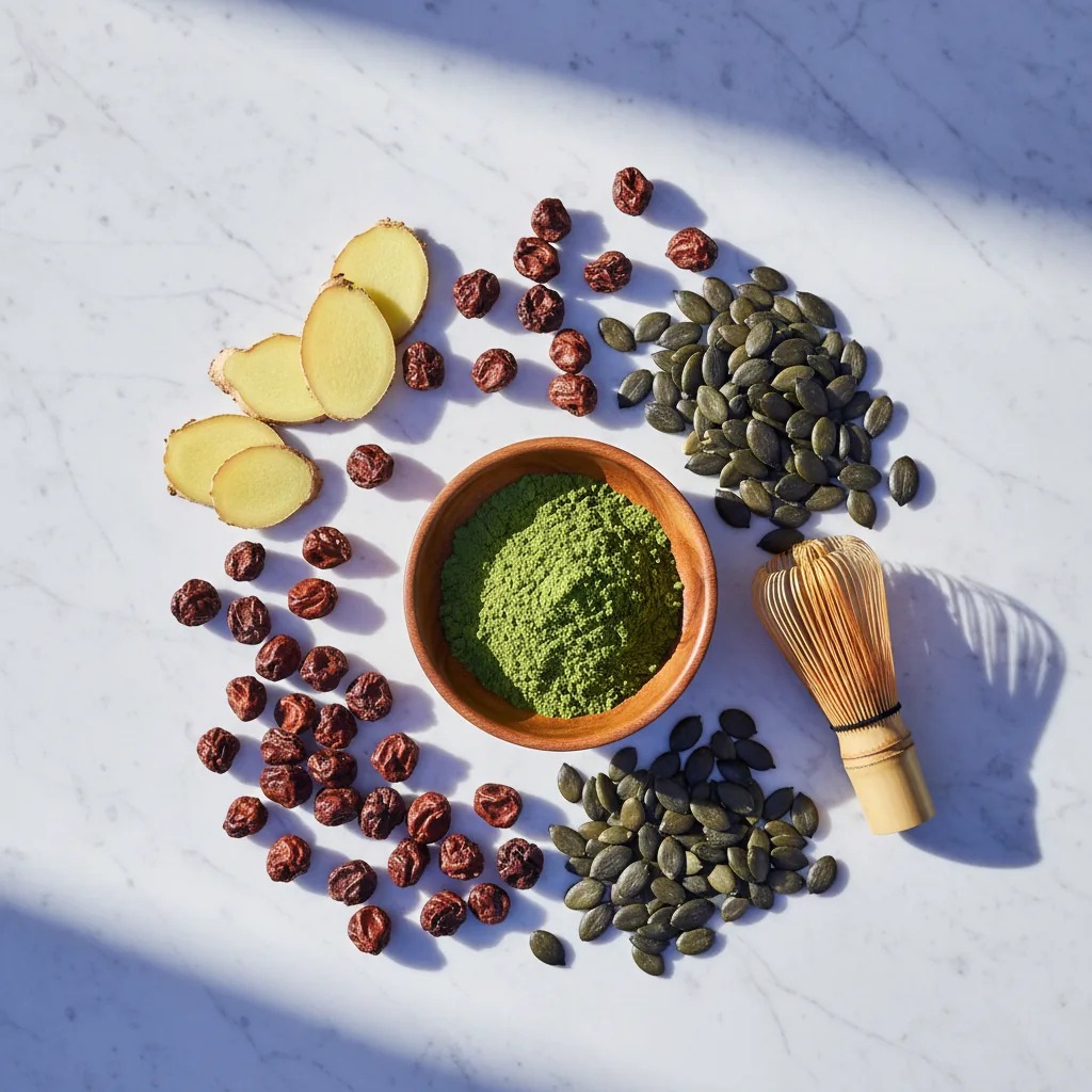 Botanische welzijnsingrediënten: gember, guarana, matcha en pompoenpitten voor voedingssupplement energieniveau en spijsvertering
