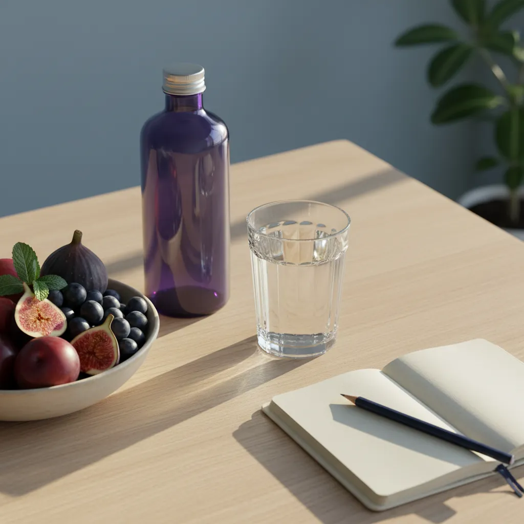 Ontbijttafel met Ozalyn voedingssupplement flacon, glas water en vers fruit - dagelijkse routine met voedingssupplement opbouwen