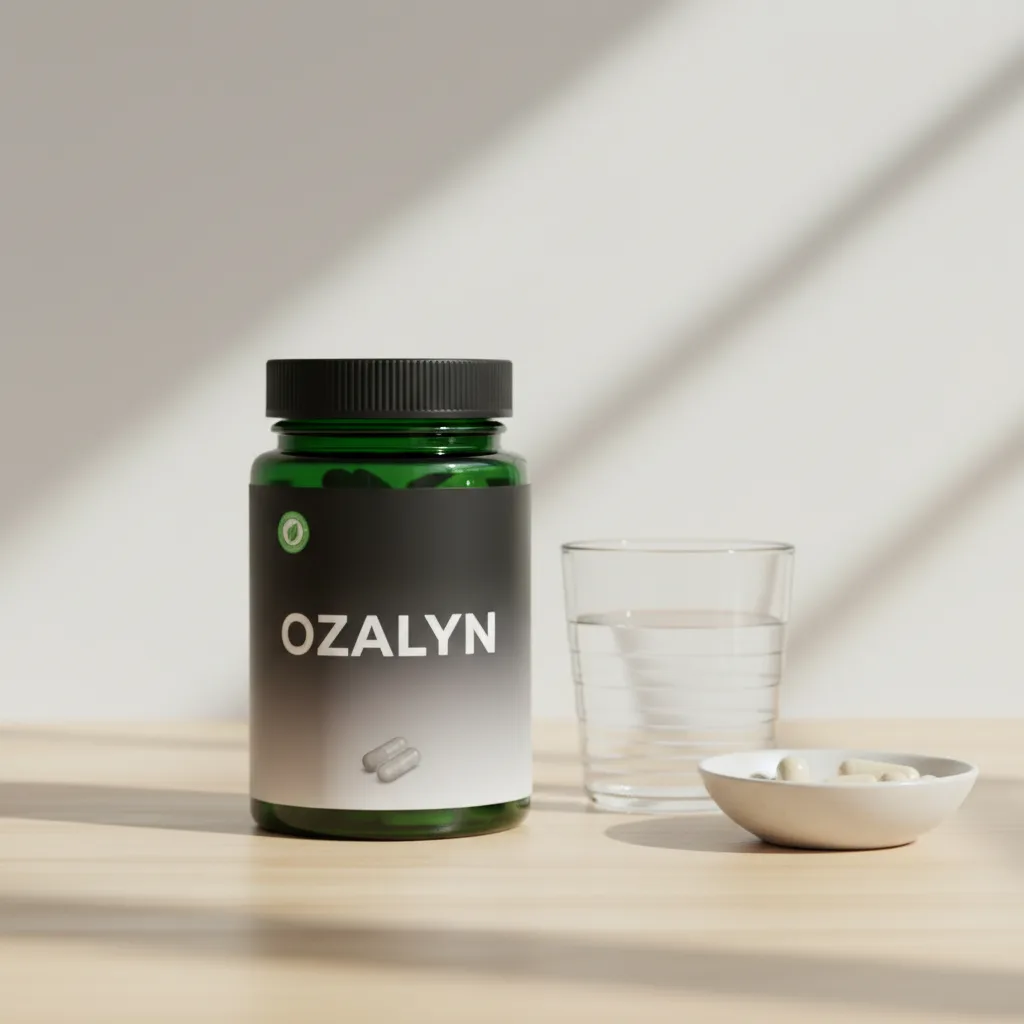 Ozalyn voedingssupplement flacon naast botanische bladeren - capsules met botanische ingrediënten kopen